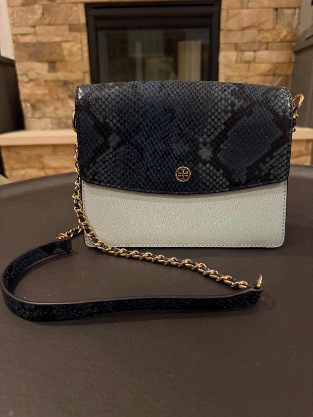 Tory Burch Navy Snake-Print and Cream Chain Crossbody